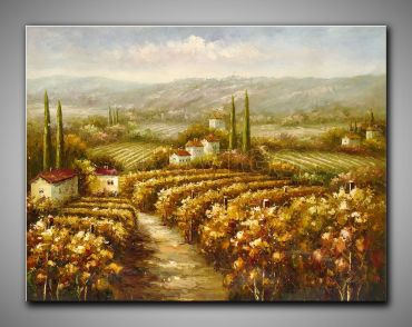 Warmes Bild. Landschaft mit Weinbergen kleinen Häusern, dekoratives Gemälde, 120x90 cm