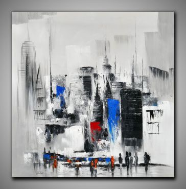 Abstrakte Stadt. Gemälde in fröhlichen und grauen Farben. Hochhäuser in einer Stadt